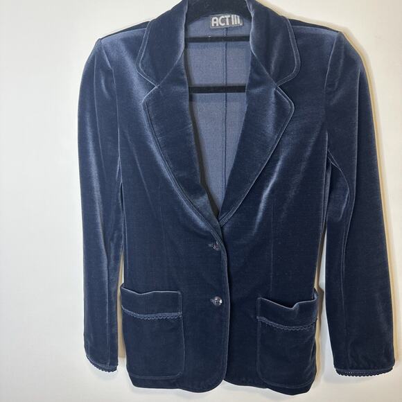 Velvet blazer ACT III Vintage 70s Peacock Blue Pockets Sleek Fitted Pockets Trim - Picture 1 of 7